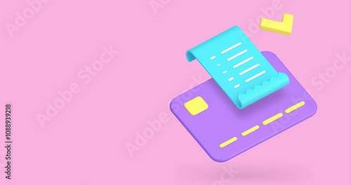 Credit debit card approved payment financial transaction with receipt invoice 3d icon animation. Shopping paying success e money transfer buying goods electronic currency checkout