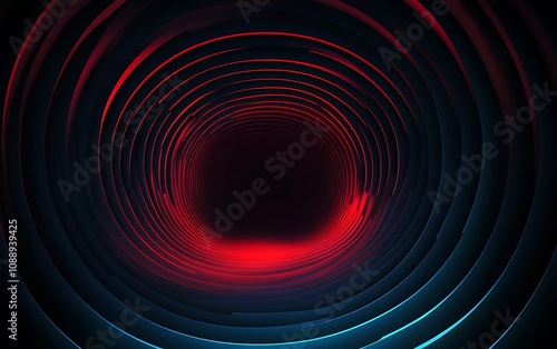 Abstract tunnel with concentric rings of red and blue neon light.