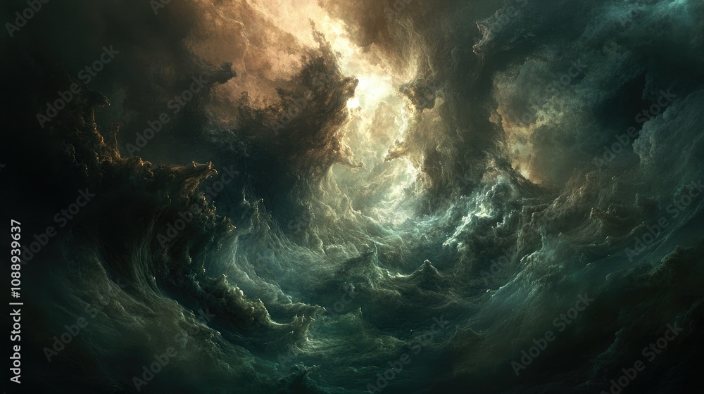 Thunderous, swirling clouds form a vortex in the sky, with a dark, turbulent atmosphere evoking the power and mystery of an intense storm.