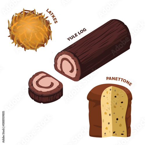 Panettone Yule Log Latkes Christmas Food Dessert Vector Set