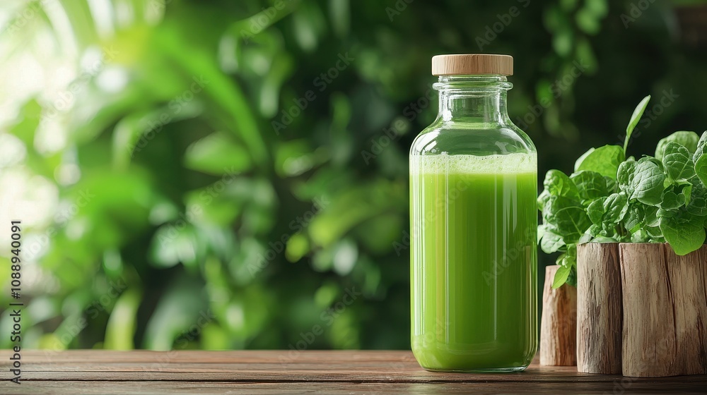 Wellness detox mental health. A glass bottle filled with green juice sits on a wooden table, surrounded by lush greenery, evoking freshness and health. Wellness detox mental health. A glass bottle filled with green juice sits on a wooden table, surrounded by lush greenery, evoking freshness and health.