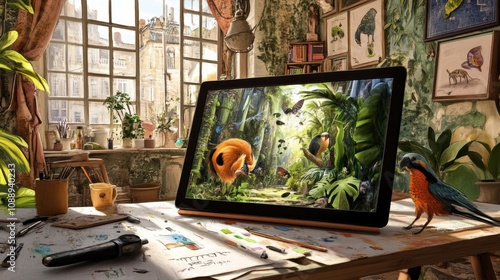 Lush Greenery in a Creative Workspace with a Digital Display of Tropical Fish Swimming Through a Vibrant Jungle Landscape