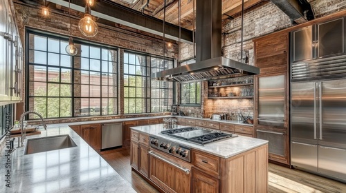 Wallpaper Mural Modern industrial kitchen interior with large windows, elegant wooden cabinets, stainless steel appliances, and stylish pendant lighting in a bright, spacious setting Torontodigital.ca