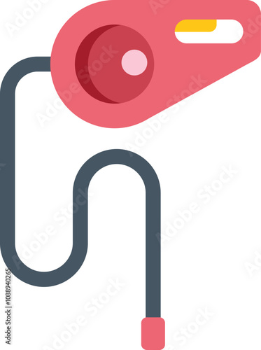 Red whistle hanging on lanyard, used by a referee to signal stoppages in play during a sporting event