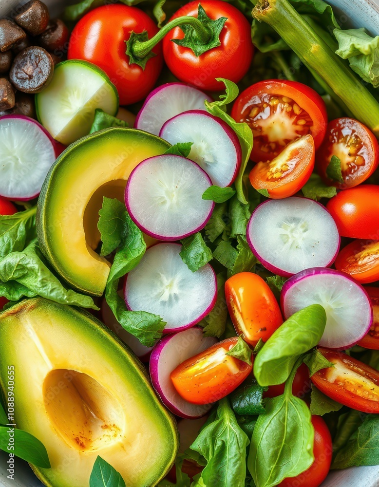 Vibrant fresh salad featuring avocado, radish, tomato, and spinach Vibrant fresh salad featuring avocado, radish, tomato, and spinach