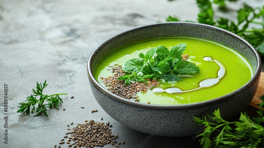 Wellness detox mental health. A vibrant green soup garnished with herbs and seeds, served in a stylish bowl, showcasing fresh ingredients and a healthy meal option. Wellness detox mental health. A vibrant green soup garnished with herbs and seeds, served in a stylish bowl, showcasing fresh ingredients and a healthy meal option.