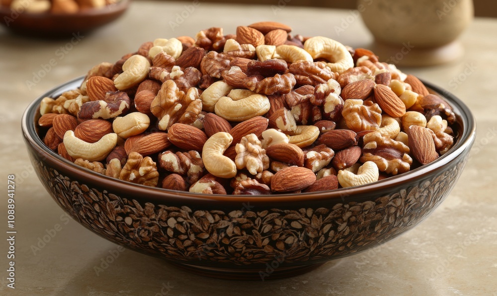 A bowl filled with an assortment of walnuts, cashews, and almonds, mixed nuts, variety, healthy snack, bowl, nut selection A bowl filled with an assortment of walnuts, cashews, and almonds, mixed nuts, variety, healthy snack, bowl, nut selection