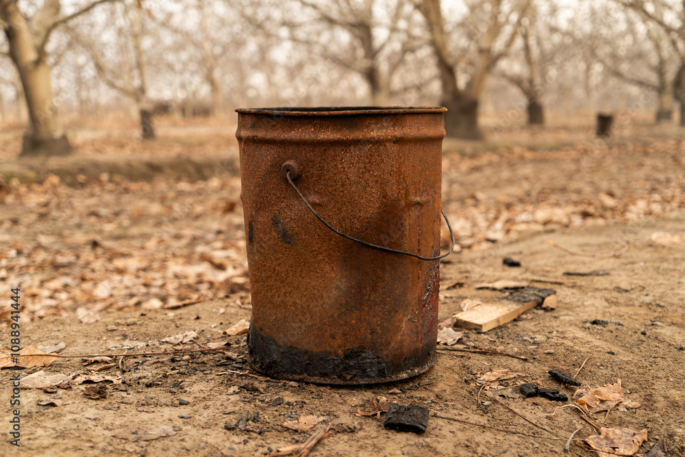 Rusty metal bucket in a dry field with fallen leaves and bare trees in the background. Rural scene in Mendoza, Argentina, surrounded by vineyards and nature. Rusty metal bucket in a dry field with fallen leaves and bare trees in the background. Rural scene in Mendoza, Argentina, surrounded by vineyards and nature.