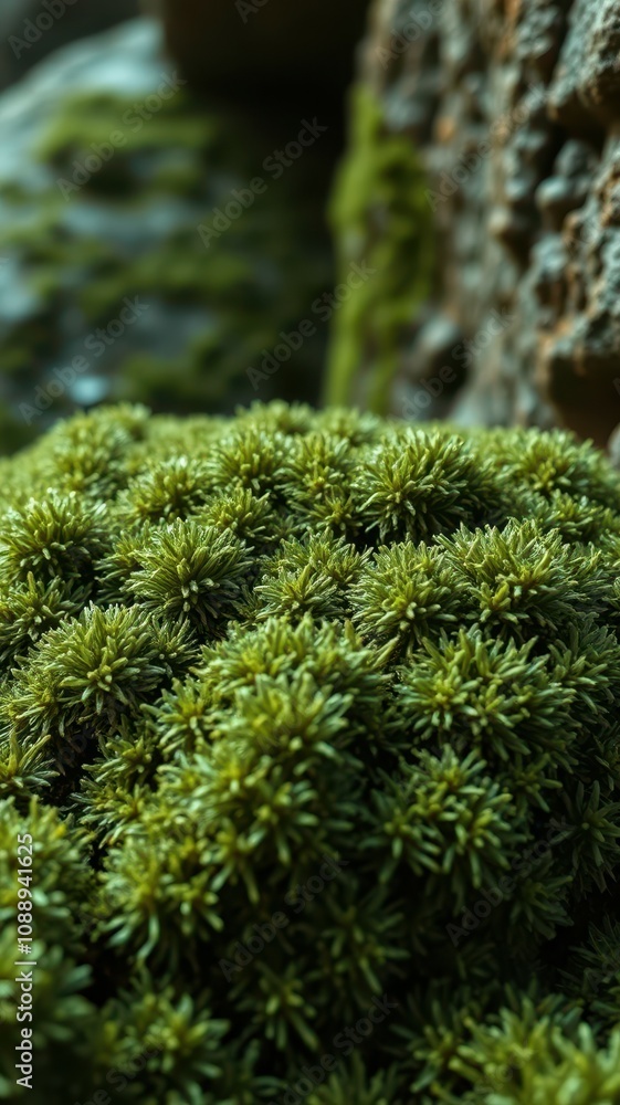 Lush green moss thrives on a damp rock face during a spring afternoon