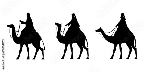 Vector illustration of three wise men riding on camels silhouette on transparent background