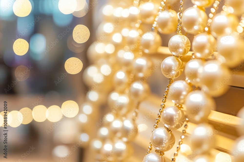 A close-up of elegant pearl strands adorned with soft, blurred lights in the background. A close-up of elegant pearl strands adorned with soft, blurred lights in the background.