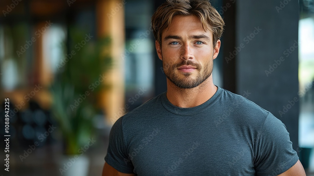 Confident young man with light brown hair and blue eyes, wearing a gray t-shirt, looking directly at the camera. Confident young man with light brown hair and blue eyes, wearing a gray t-shirt, looking directly at the camera.