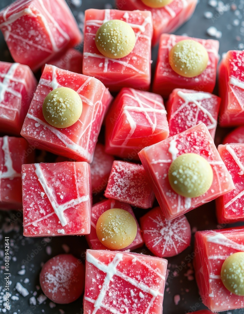 Festive red candies decorated like presents sit atop a dark surface Festive red candies decorated like presents sit atop a dark surface