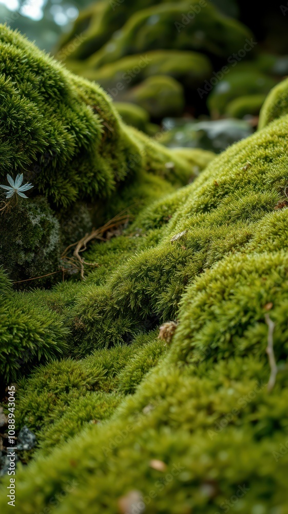 Lush green moss blankets rocky terrain in a Pacific Northwest forest during the afternoon Lush green moss blankets rocky terrain in a Pacific Northwest forest during the afternoon