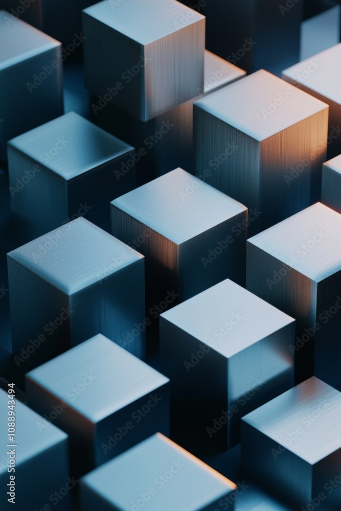 3D render of cubes arranged in a dark blue background. Abstract futuristic technology concept. 3D render of cubes arranged in a dark blue background. Abstract futuristic technology concept.