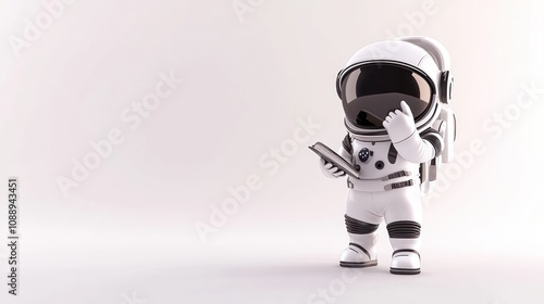 A cute cartoon astronaut holding a tablet, appearing cheerful in a minimalist setting.