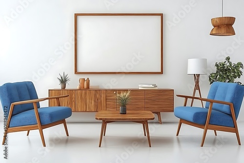 White Apartment Lounge with Blue Chairs and Wood Cabinet