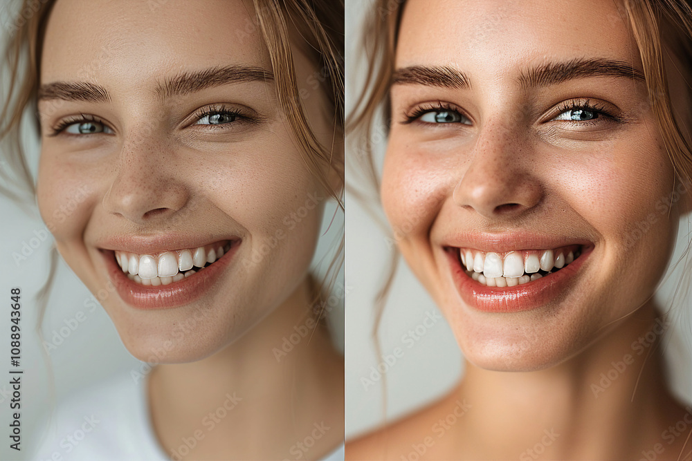 AI generated photo comparison of bright smile before and after AI generated photo comparison of bright smile before and after