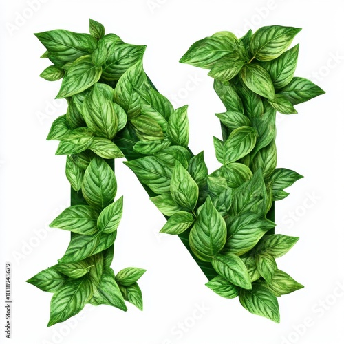 A decorative letter "N" made of lush green leaves, symbolizing nature and growth.