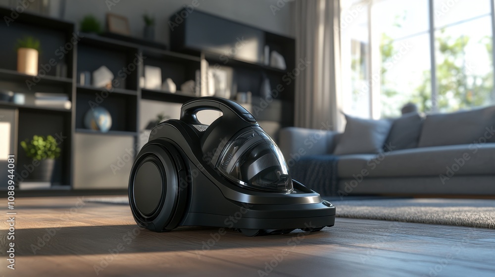 Fototapeta premium Modern and Stylish Vacuum Cleaner Placed on Wooden Floor in Bright Living Room with Soft Natural Light Streaming Through Large Windows