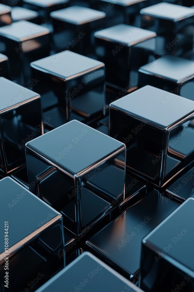 3D render of cubes arranged in a dark blue background. Abstract futuristic technology concept. 3D render of cubes arranged in a dark blue background. Abstract futuristic technology concept.
