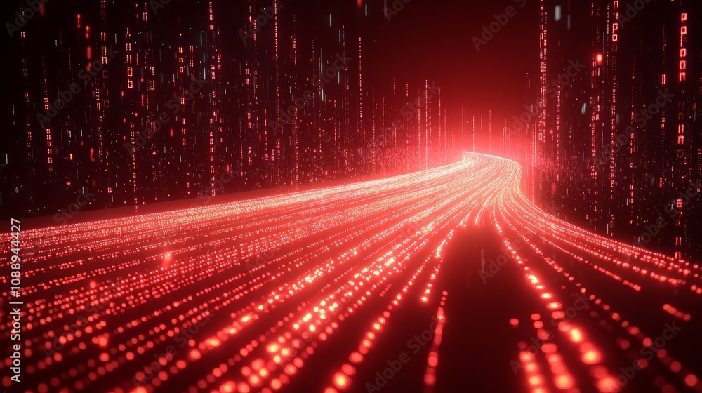 Glowing red digital road curving into the distance, surrounded by data streams. Glowing red digital road curving into the distance, surrounded by data streams.