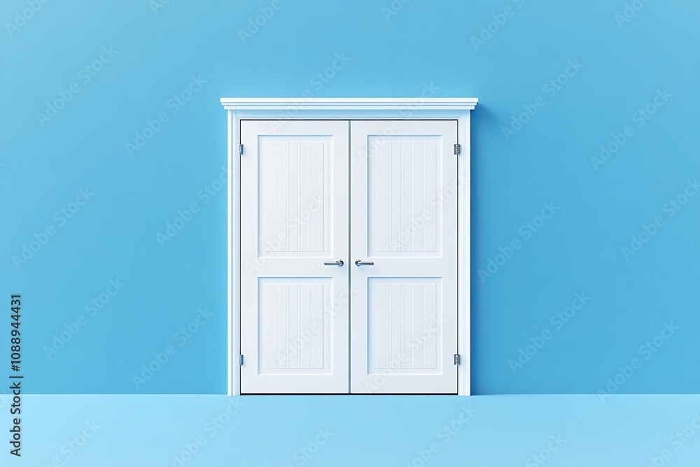 White Panel Door in Empty Blue Room with Wooden Trim, Minimalist Space