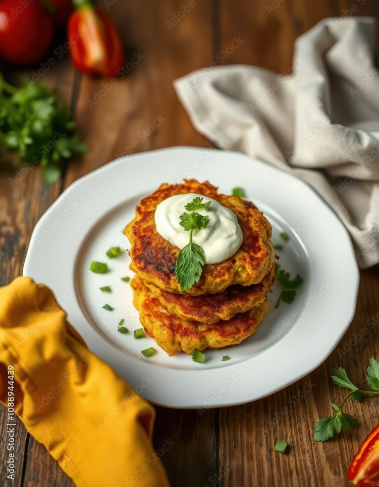 Delicious three-layer vegetable fritters topped with creamy yogurt and fresh herbs sit on a rustic wooden table Delicious three-layer vegetable fritters topped with creamy yogurt and fresh herbs sit on a rustic wooden table