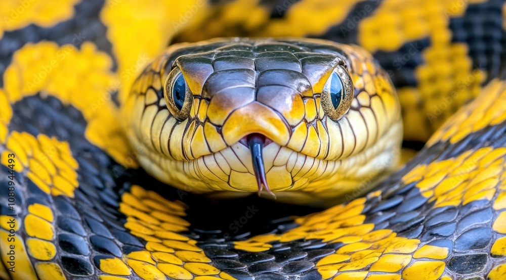 Close-up of a vibrant yellow and black snake displaying its tongue. Close-up of a vibrant yellow and black snake displaying its tongue.