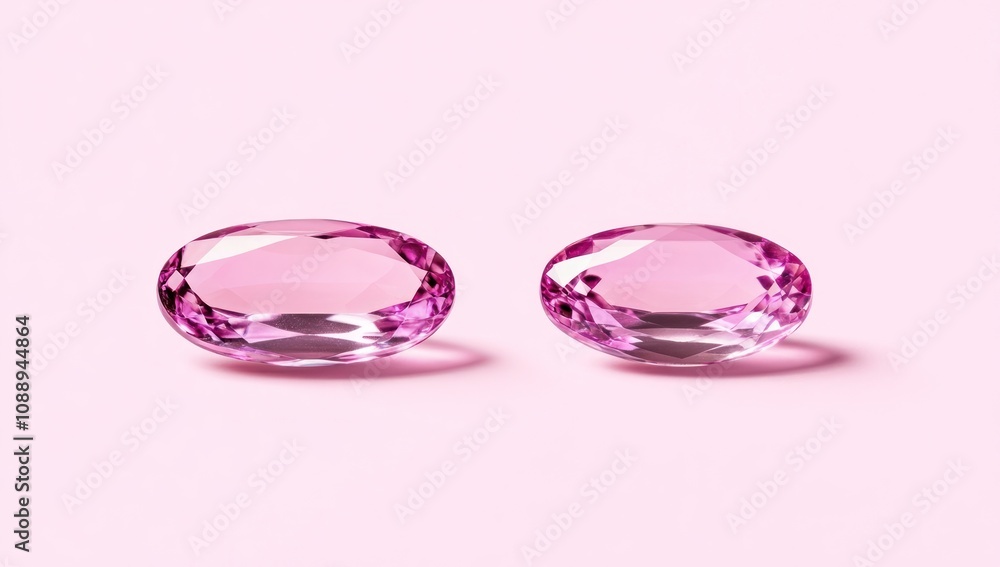 Two oval pink gemstones on a soft pink background, highlighting elegance and luxury. Two oval pink gemstones on a soft pink background, highlighting elegance and luxury.