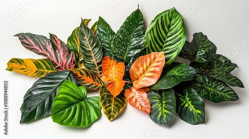 Lush tropical leaves arrangement white background gigapixel quality indoor environment close-up perspective nature's diversity photo