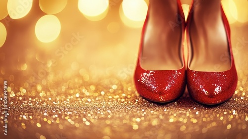Sparkling Red High Heel Shoes on Glittery Background with Bokeh Lights Creating a Festive and Glamorous Atmosphere for Fashion or Celebration Themes