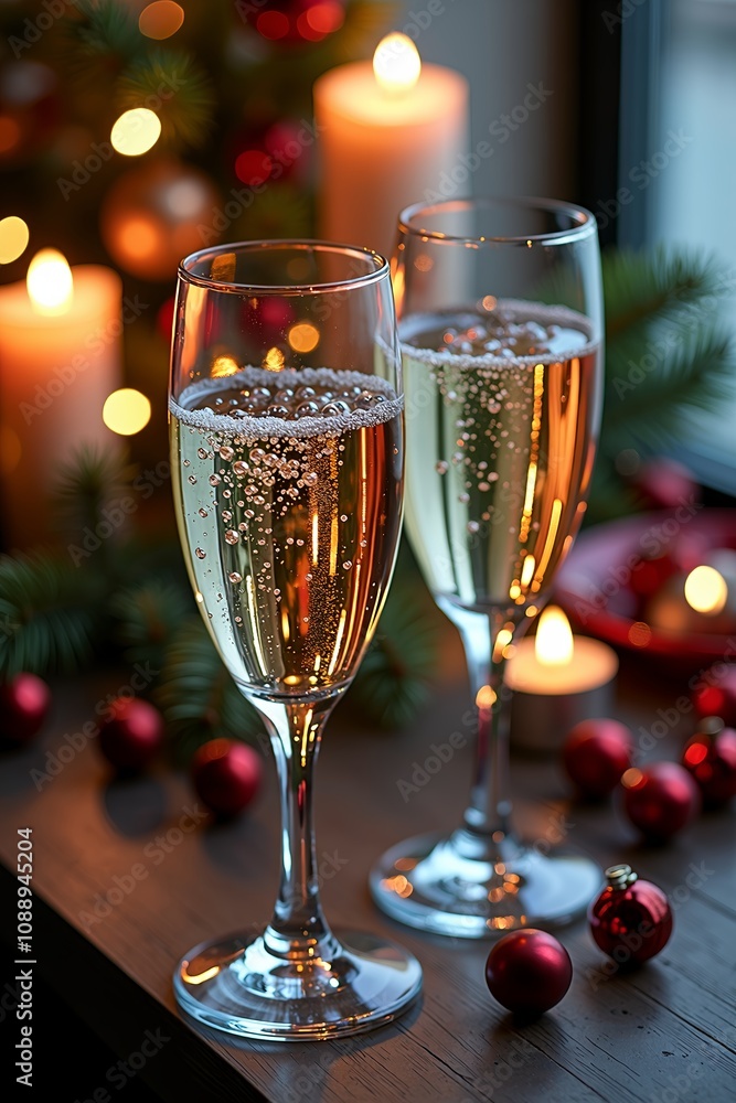 Close-up of champagne glasses with soft bubbles and candlelight reflections against holiday decor Close-up of champagne glasses with soft bubbles and candlelight reflections against holiday decor