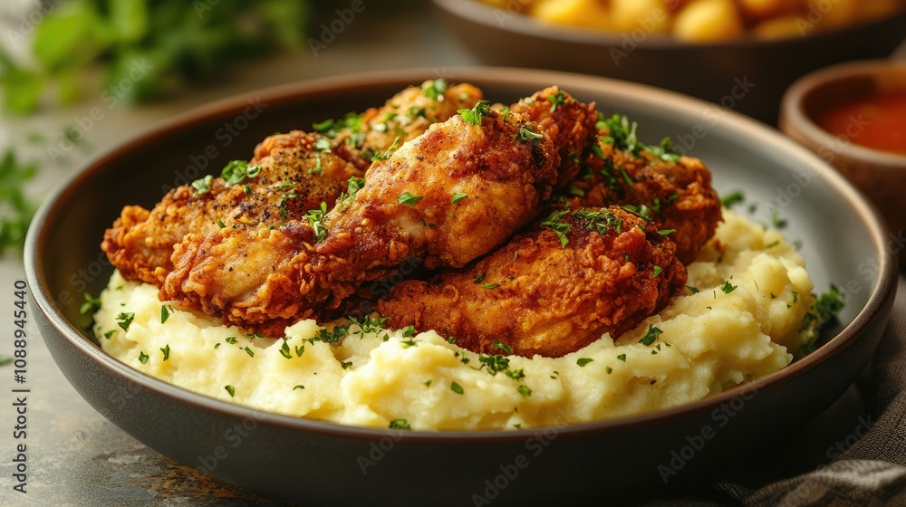 Crispy fried chicken pieces served over creamy mashed potatoes, garnished with fresh parsley. Crispy fried chicken pieces served over creamy mashed potatoes, garnished with fresh parsley.