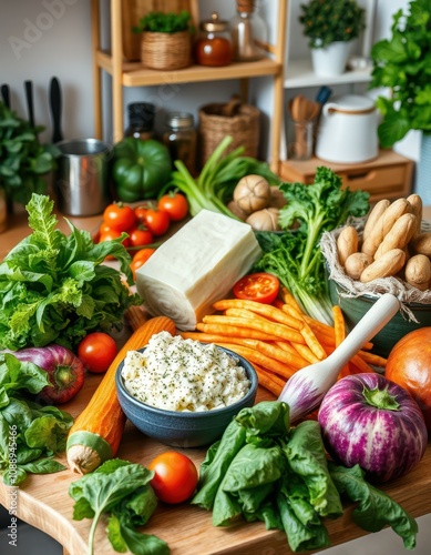 Fresh vegetables and creamy dip arranged on a kitchen counter create a vibrant healthy snack