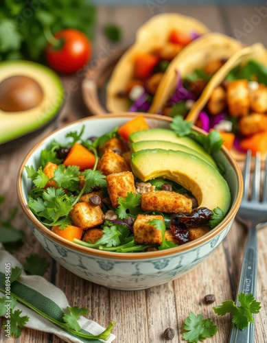 Savory tofu salad with avocado and cilantro, perfect for a healthy lunch photo