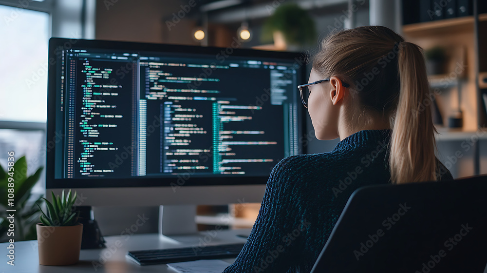 A young woman presenting a programming solution on a large screen in a corporate meeting room A young woman presenting a programming solution on a large screen in a corporate meeting room