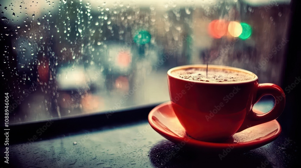 Fototapeta premium Steaming coffee in red cup on rainy windowsill.