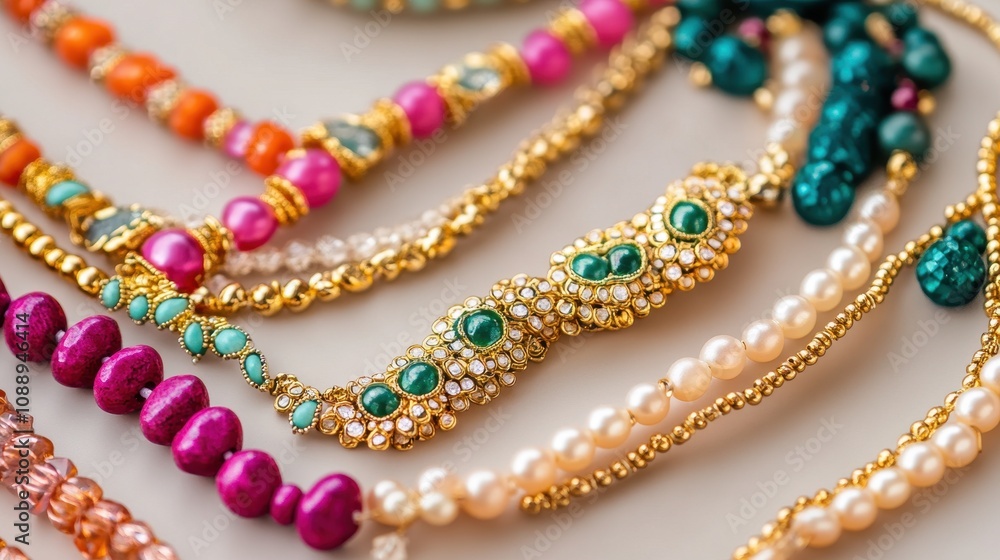 Close-up of handcrafted Bangladeshi jewelry with vibrant beads and gold on beige Close-up of handcrafted Bangladeshi jewelry with vibrant beads and gold on beige
