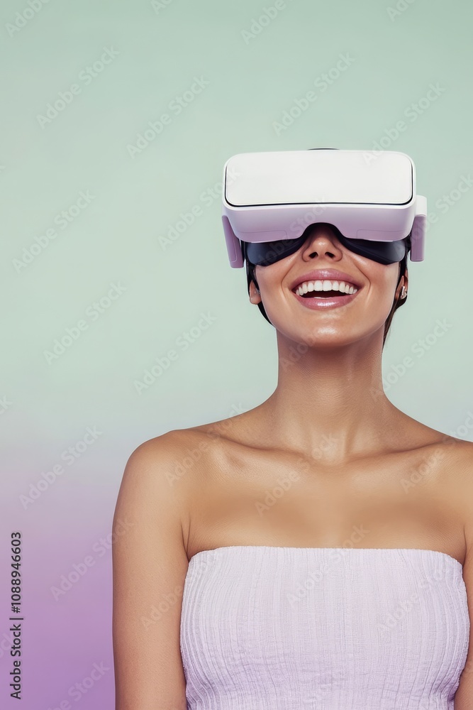 Joyful Young Woman Exploring Metaverse, Immersed in Virtual Reality Experience on Pastel Background. Joyful Young Woman Exploring Metaverse, Immersed in Virtual Reality Experience on Pastel Background.