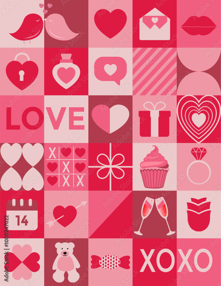 Valentine's day flyers, banners. Romantic love icons in simple geometric shapes, geometry minimalistic style for card, invitation, poster, flyer, web design Valentine's day flyers, banners. Romantic love icons in simple geometric shapes, geometry minimalistic style for card, invitation, poster, flyer, web design