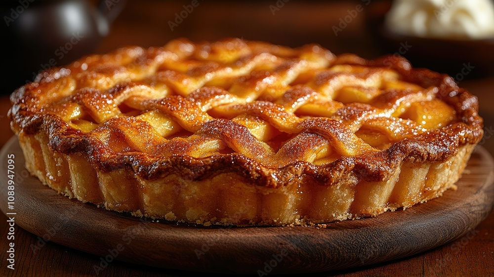 Delicious golden-brown apple pie with lattice crust on wooden board. Delicious golden-brown apple pie with lattice crust on wooden board.