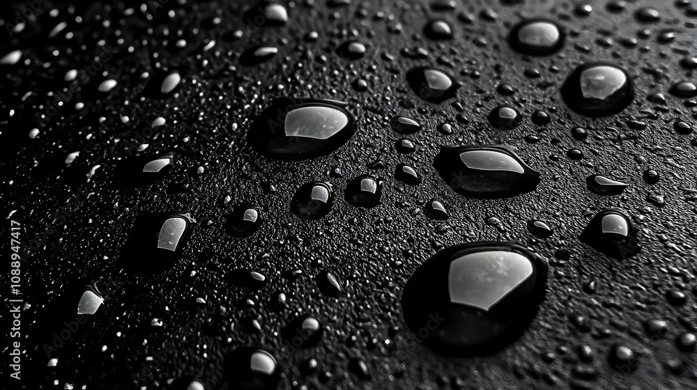 Macro Photography of Water Droplets on a Dark Textured Surface, Abstract Background Image in Monochrome Macro Photography of Water Droplets on a Dark Textured Surface, Abstract Background Image in Monochrome