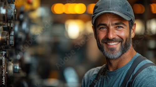 Smiling male factory worker in overalls and cap.