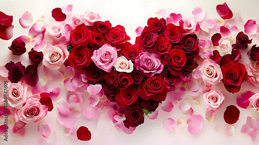 A Heart Shaped Arrangement of Red and Pink Roses with Petals Scattered on a White Background A Heart Shaped Arrangement of Red and Pink Roses with Petals Scattered on a White Background