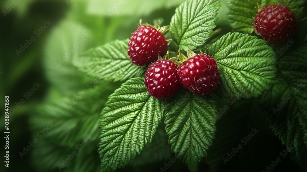 Ripe Raspberries on a Green Bush A Close-Up of Delicious Summer Fruit Ready for Harvest Ripe Raspberries on a Green Bush A Close-Up of Delicious Summer Fruit Ready for Harvest