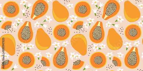 Fruit seamless pattern with papaya and flowers in flat design. Simple vector illustration.