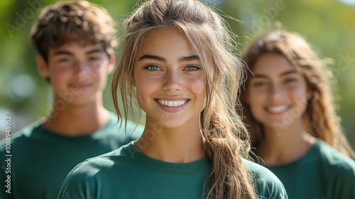 Happy teenagers smiling outdoors, friendship, teamwork.