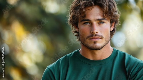 Handsome young man with wavy brown hair and blue eyes, outdoors.