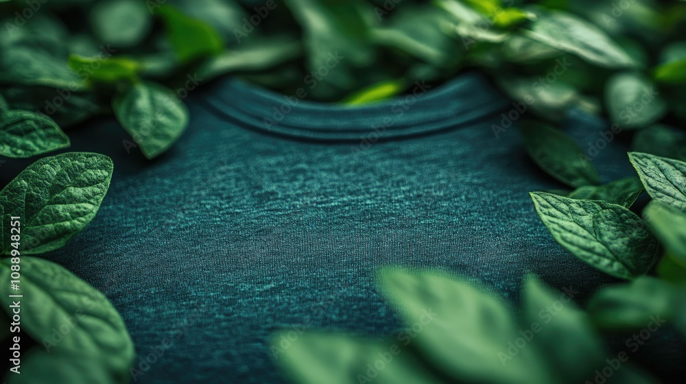 Obraz premium Dark teal shirt nestled amongst lush green leaves.